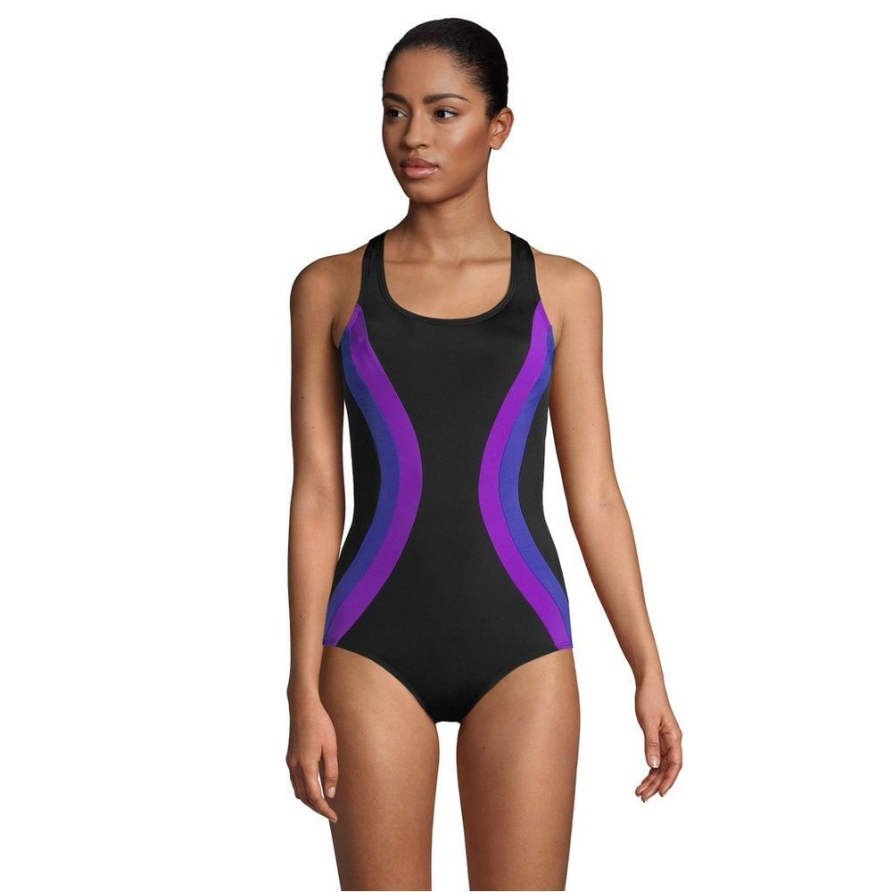 Lands' End | Colorblock Stripe Black‎ Blue Purple Criss Cross Strap One Piece 6
